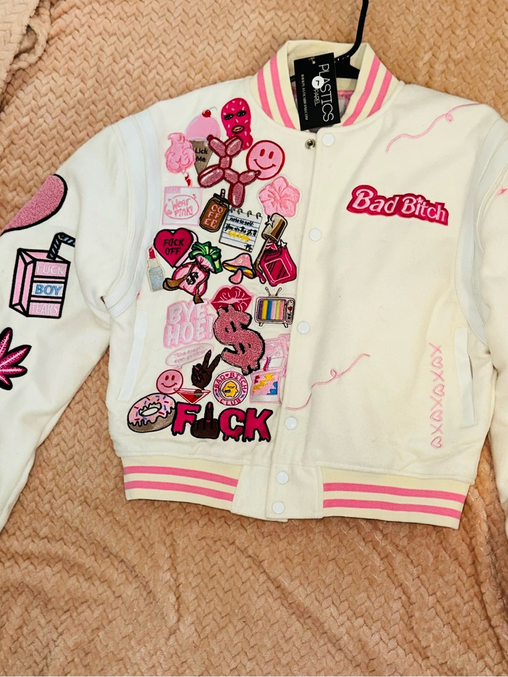Plastics Embroidered Patch Varsity Jacket - Cream & Pink